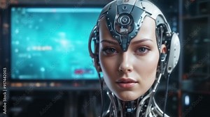 AI concept: robot portrait with female human face and visible data streams