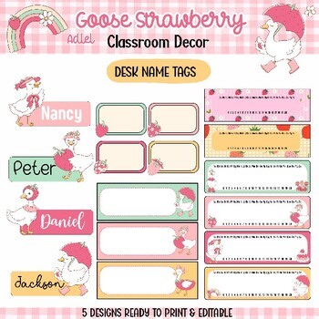 Desk Name Tags: Goose Strawberry | Editable Classroom Decor Name Plates