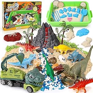 TUZT Dinosaur Sensory Bin & Play Sand Toy Kits for Toddlers Kids - 2lbs Magic Sand & Play Set, 10 Dino Molds & 7 Sand Models with Truck, Christmas Birthday Sandbox Gift for Boys Girls 3+ Years Old