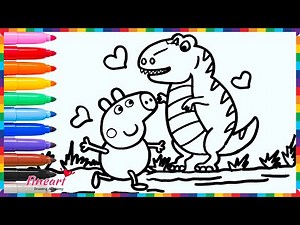 How to Drawing And Coloring Peppa Pig Running from a Dinosaur 🐷🦖🌋🌈 Easy Kids Drawing