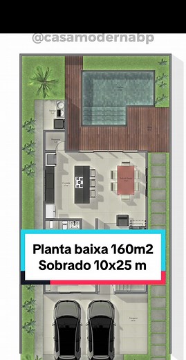 Planta baixa e sobrado moderno em terreno de 10x25 metros com área gourmet e piscina