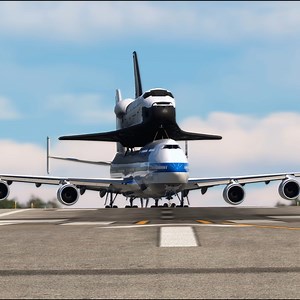 Experience an amazing and unrealistic takeoff as a Space Shuttle mounted on a carrier aircraft departs from the short runway of Skiathos Airport in Microsoft Flight Simulator 2020. | Golden Crow