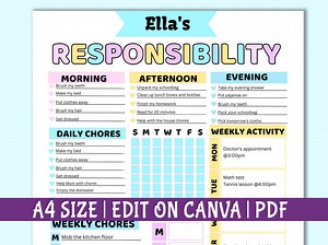 Editable Responsibility Chore Chart for Kids | Printable | Kids Daily Weekly Schedule | Kids Chore List | Kids Daily Routine Checklist Canva - Etsy