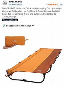 2K views · 43 reactions | TIMBER RIDGE 20-Second Quick Set-Up Camping Cot, Lightweight Aluminum Folding Cot Low Profile with Zipper Closure, Portable Carry Bag for Camping, Travel and Outdoors, Support up to 225lbs, Orange | Ve Stewart | Facebook