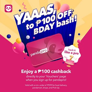 8K views · 55 reactions | Our birthday giveaway: ₱100 straight to your account.  Enjoy a ₱100 cashback directly to your 'Vouchers' page when you sign up for pandapro! Min. order of ₱299 for food delivery, pandamart, shops, and Pick-Up.  www.foodpanda.ph | foodpanda | Facebook