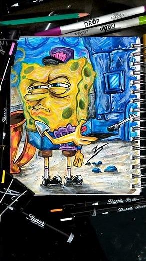 Uso PLUMONES ACRÍLICOS para dibujar a BOB ESPONJA como EL VIGILANTE DEL AULA | SPONGEBOB SQUAREPANTS