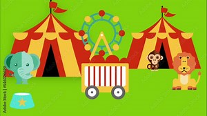 Cute Circus animals at the fair, animated elephant jumping, monkey slow moving.