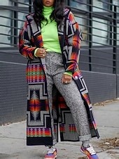 Women's Winter Jacket Comfortable Breathable Pocket Print Open Front Casual Geometric Vacation Street Casual Daily Wear Open Front Long Turndown Regular Fit Long Sleeve Outerwear Black Yellow Spring 2025