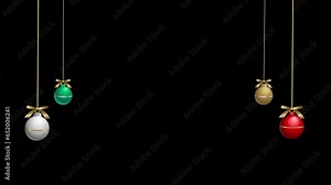 3d realistic hanging 4K Christmas balls animation rotating and isolated on black background Decorative Christmas Balls ornaments Package Christmas Tree balls Hanging and Moving for Card Template.