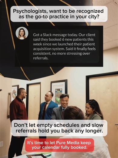 Psychologists - We will place a reliable marketing system inside your clinic/practice Keep reading below and I’ll tell you: #1 - How this works #2 - Our extensive track record PROVING this works /// How It Works /// I own a company called Pure Media. We’re the market leader partner for psychologists, counselors, and holistic and wellness doctors in North America. We work with wellness practitioners (some of the biggest you know of) and help them implement a proven system to fill their practices 