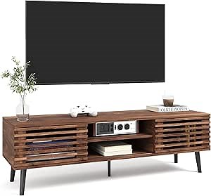 HAIOOU Mid Century Modern TV Stand, 52" Wooden TV Console with Slatted Sliding Doors and Storage for 50/55/60 Inch TV, Small Entertainment Center Media Console Cabinet for Living Room - Walnut Brown