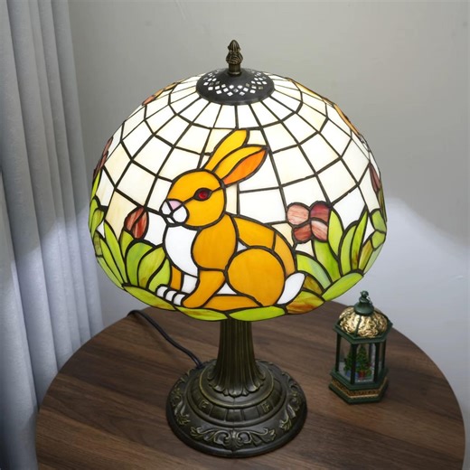 Tiffany Style Rabbit Lamp 12" – Stained Glass Bunny Night Light, Vintage Bedside Table Lamp, Handmade Home Decor Gift - Etsy