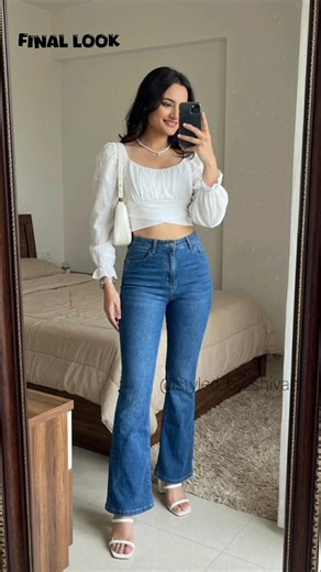 White Crop Top & Flared Jeans Outfit Idea 🤍👖 | Casual Chic Fashion Look#shorts