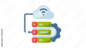 Animated database with cloud computing and gearwheel icon design for technology companies. Suitable for website, engineering, network, connection, internet, server, big data and digital marketing