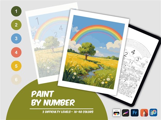 Rainbow Landscape Color by Number Printable Paint by Number Digital Download