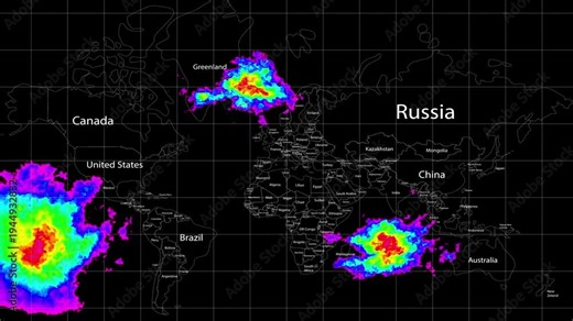 World Map with Global Weather Radar Data Visualization for Extreme Storm Monitoring