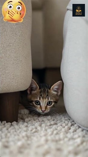Kitten shocked after seeing vacuum cleaner, hiding behind sofa, funny expression