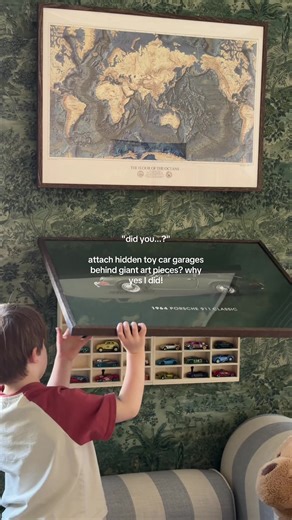 My childhood love of tiny cars met my grown-up love of organization and beautiful art. I had quite the toy car collection as a kid so creating this hidden “garage” for my son’s art from @DESENIO - POSTERS ONLINE felt extra nostalgic. 🚗🖼️ you can use PITP for 45% off art through April 30th! #desenio #partner