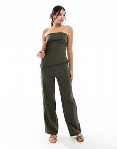 Mango side zip bandeau top and drawstring relaxed pants set in khaki | ASOS