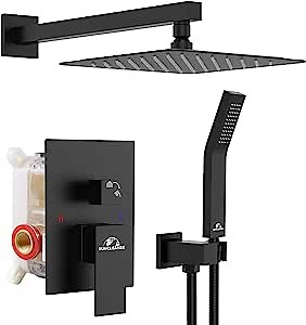 Rain Shower Faucet System Set: Rainfall Shower Faucets Sets Complete Shower Combo Set, Wall Mounted Modern Luxury Shower Systems with Rain Shower and Handheld Shower Mixer Valve, Matte Black