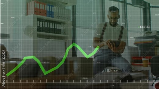 Business data analyst tapping tablet screen in office, generating green line chart showing trends