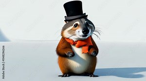 Cute marmot wearing a top hat on his head among the forest on a sunny day And sings songs. zoom in, zoom out, pan or make 360 photo, animate, pan right