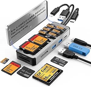 8in1 Multi SD Card Reader Adapter Aluminum with Card Storage Carrying Box SD/TF/CF/MS/XD/Cfast/Memory Stick Pro Duo USB3.0 C&A Port for Phone/Pad/PC/Laptop,No Application Required Plug and Play