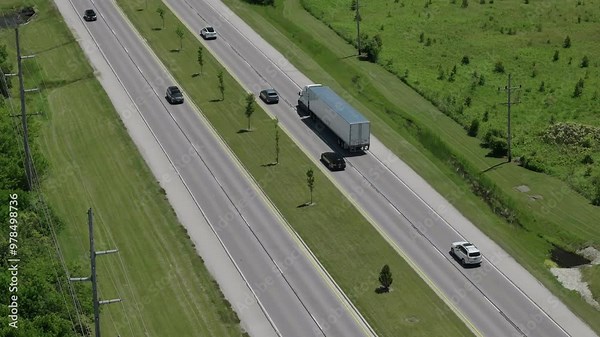 Aerial top down wide view of traffic highways with moving cars and trucks, r