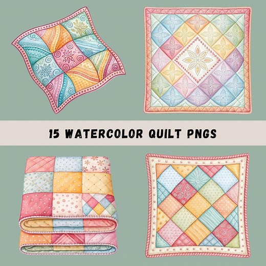 Quilting Clipart Bundle, 15 Watercolor Quilts, Quilt Sublimation, Nursery Art, Printable Wall Art, Vintage Quilt Designs, Transparent Pngs - Etsy