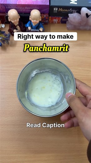 Aanchal Tarot on Instagram: "Read here 🙌🏻 “Panchamrit means nectar made from five ingredients.” 1. Cow ghee – First, add 1 teaspoon of cow ghee. 2. Honey – After that, mix in 2 teaspoons of honey. 3. Mishri (rock sugar) – Then add 4 teaspoons of sugar or mishri. 4. Curd (yogurt) – After that, add 8 teaspoons of curd. 5. Milk – Finally, add 1 teaspoon of milk to the Panchamrit. Note: Do not prepare Panchamrit even by mistake in a copper vessel. Raw (unboiled) milk is used in Panchamrit.🙌🏻 😍 