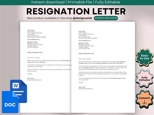 Resignation Letter Template, Editable Professional Resignation Letter Word | Google Docs - Etsy