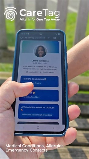 See exactly how CareTag works in 30 seconds. Tap the wristband or wallet card with any smartphone to open a secure profile showing medical conditions, allergies, medications and who to call first – no app or login needed. Designed in the UK for older adults, children with additional needs and anyone who could be at risk in an accident or emergency. CareTag kit is £39.99 with free UK delivery. | CareTag