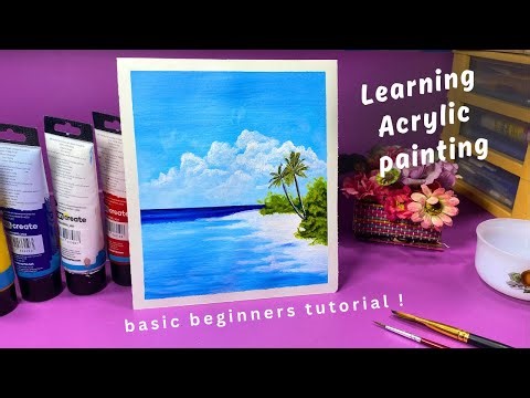 Easy Beach Painting Tutorial for Beginners || Relaxing Ocean & Cloud Art