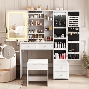 VEANERWOOD White Vanity Desk with Sliding Mirror & Lights, Vanity Table Makeup Desk with Large Jewelry Cabinet, 4 Drawers, Lots of Storage Shelves, Charging Station, Cushioned Stool