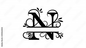 Letter N. Animated logo. Monogram, split letter N. Vintage style, twigs and leaves appear at logo. Letter on transparent background. You can insert a logo on any of your videos. Animation vector