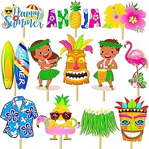 26pcs Hawaii Party Centerpieces Sticks Hawaiian Aloha Party Table Decorations Hawaiian Tiki Tropical Party Supplies for Summer Tropical Aloha Party Table Decorations Photo Booth Props