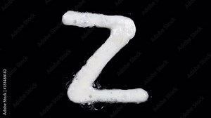 Egg white frying letter Z, top view, include two looped 10 seconds duration versions of writing, all English alphabet in portfolio, transparent or black background