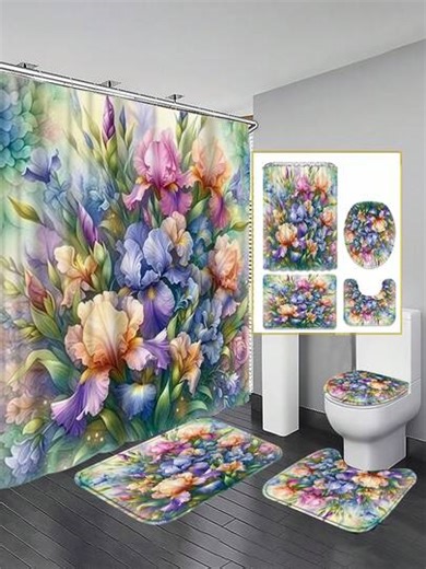 1/3/4pcs Watercolor Iris Flower Shower Curtain Set, Home Decor, Bathroom Curtain Set, Bathroom Accessories Including Shower Curtain, U-Shaped Toilet Seat Cover, Non-Slip Mat, Toilet Seat Cover And 12pcs Shower Curtain Hooks. Suitable As Housewarming, Birthday, Holiday, Couple Gifts. | SHEIN