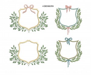 Frame Embroidery Design With Leaf Shield and Bows, Frame Shield Embroidery Pattern With Floral Shield, Frame With Bow Crest. - Etsy
