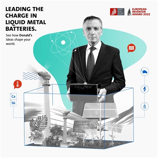 🇺🇸 🇨🇦 Donald Sadoway developed liquid metal batteries for storing renewable energy. 💡 Find out how it works & vote: https://bit.ly/PopularPrize22 Massachusetts Institute of Technology (MIT) #InventorAward | European Patent Office