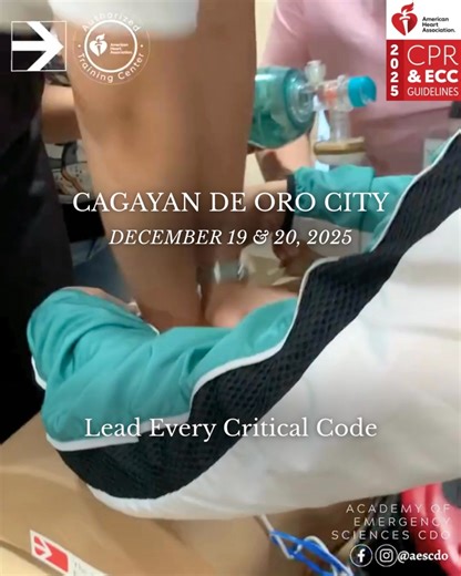 👩🏽‍⚕️👨🏽‍⚕️ CDO Healthcare Professionals — Your decisions matter in every second. 🕒 When a Code Blue is called, will you freeze—or lead? At the Academy of Emergency Sciences, our AHA BLS, ACLS & PALS masterclasses are structured to prepare you for the real thing. ✅ Specialist doctors as your instructors ✅ Real-world scenarios and debriefs ✅ Confidence you can carry into any shift 📍 Training held regularly in Cagayan de Oro 📲 Tap “Learn More” to secure your slot. | Academy of Emergency Scie
