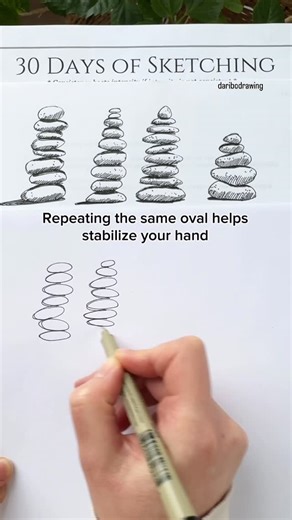 Daria Bogdanova on Instagram: "Stacking stones is a relaxing practice for balance, both mentally and visually 🙌 It’s also great for practicing oval shapes and improving your hand-eye coordination ✍🏻 The more relaxed you feel, and the less you focus on the final result, the better your lines and ovals become. Empty your mind and just go with the flow. ✨ ✅ Day 17 of 30 Days of Sketching! I’m using my habit tracker to stay consistent. If you’d like to start your own 30-day challenge, you can find