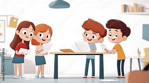 Happy Team Brainstorming: Children collaborating around a table in a bright and fun cartoon illustration. A perfect image for kids, education, and team projects.