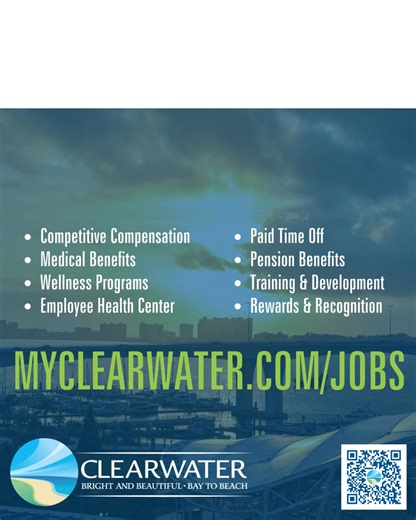 Clearwater is hiring for a variety of positions that keep the city running. Learn more and apply today: myclearwater.com/jobs Current open job listings include: • Water Distribution Operator I • Code Compliance Supervisor • Parking Supervisor - Marina • Marine Facility Operator • Traffic Sign and Marking Technician I • Recreation Supervisor • Athletic Field Manager • Student Intern - Public Communications • Streets & Sidewalks Technician I, II, III • Parks Service Supervisor II • and more! The c