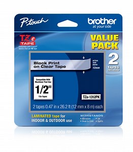 Brother Genuine P-Touch TZE1312PK, Black on Clear Tape, Laminated, Durable, Water-Resistant, 2-Pack