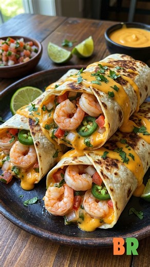 Loaded Shrimp Nacho Bomb Wraps Golden tortillas enfold tender shrimp dusted with warm spices, layered with melted cheddar and vibrant fresh toppings. Each slice reveals a cascade of color and aroma, where savory heat meets creamy indulgence in the most satisfying way. 🛒 Ingredients : 1 pound shrimp, peeled and deveined 1 tablespoon olive oil 1 teaspoon chili powder 1/2 teaspoon cumin Salt and pepper to taste 1 cup shredded cheddar cheese 1/2 cup diced tomatoes 1/4 cup diced red onion 1 jalapeño