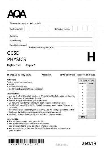 AQA GCSE Triple Science Physics Paper 1 2025