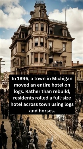 The Day a Michigan Town Rolled a Full Hotel Across the Street (1896) In 1896, the town of Manistique, Michigan, faced a practical problem: a popular hotel needed to be relocated across town — but rebuilding from scratch was too expensive. So the residents chose a bold alternative: they would move the hotel itself. Workers placed the entire multi-story building onto large wooden logs. With a team of horses, they slowly rolled the hotel forward, inch by inch, adjusting logs as they moved. Remarkab