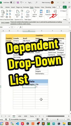 Simple Dependent Drop-Down List in Excel - Excel Tips And Tricks #microsoft #excel #exceltips #exceltricks #tips #tipsandtricks #googlesheet #fypシ゚viral