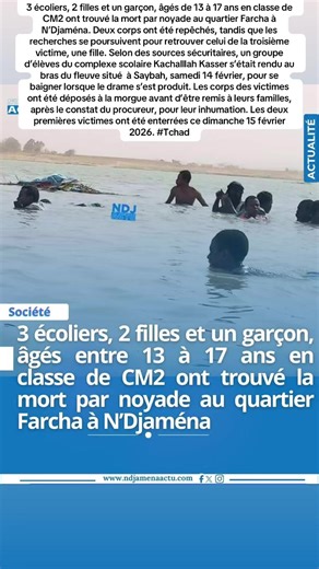 3 écoliers, 2 filles et un garçon, âgés de 13 à 17 ans en classe de CM2 ont trouvé la mort par noyade au quartier Farcha à N’Djaména. Deux corps ont été repêchés, tandis que les recherches se poursuivent pour retrouver celui de la troisième victime, une fille. Selon des sources sécuritaires, un groupe d’élèves du complexe scolaire Kachalllah Kasser s’était rendu au bras du fleuve situé à Saybah, samedi 14 février, pour se baigner lorsque le drame s’est produit. Les corps des victimes ont été dép